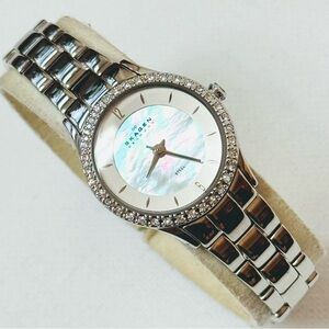 Skagen Mother Of Pearl Women's Crystals 6.5" MAX Watch Silver Stainless 347XSXSS